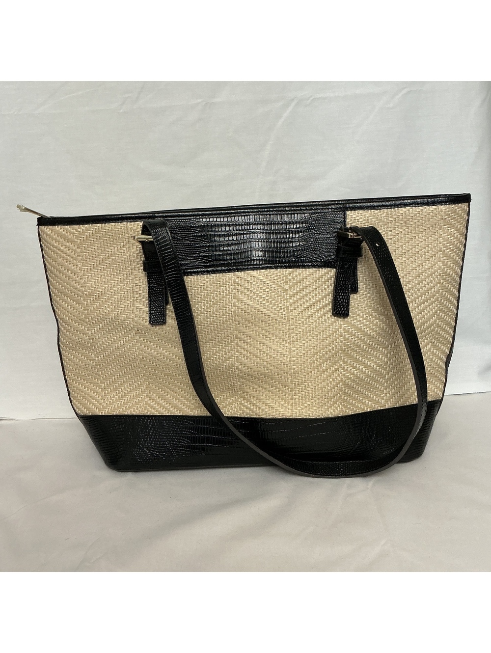 Brahmin woven straw and black leather floral tote - Picture 6 of 8